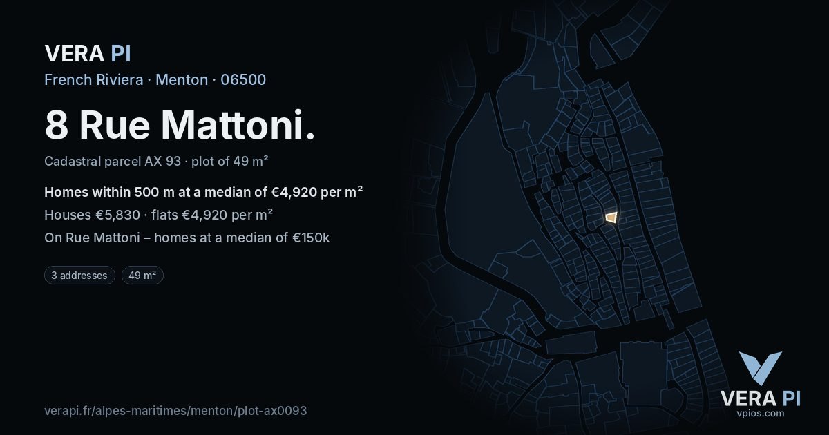 8 Rue Mattoni, Menton at night – the plot lit, the parcels around coloured by the prices near them