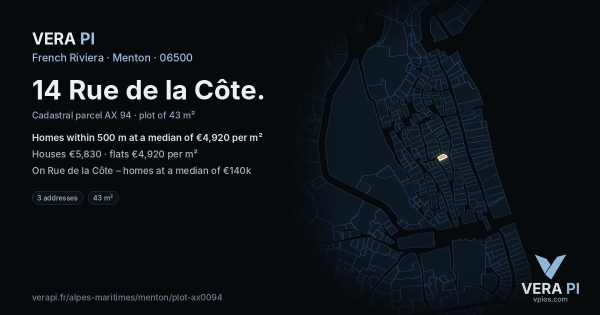 14 Rue de la Côte, Menton at night – the plot lit, the parcels around coloured by the prices near them