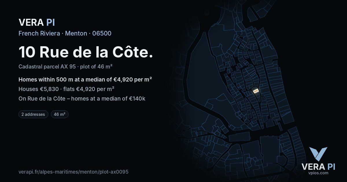 10 Rue de la Côte, Menton at night – the plot lit, the parcels around coloured by the prices near them