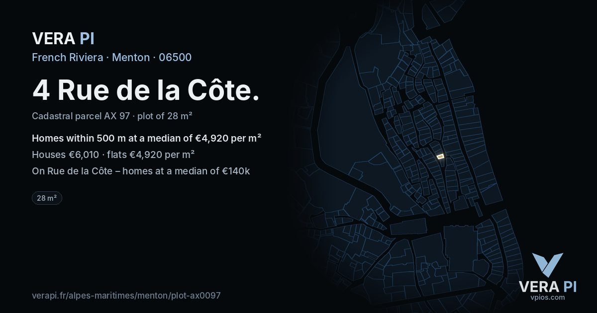 4 Rue de la Côte, Menton at night – the plot lit, the parcels around coloured by the prices near them