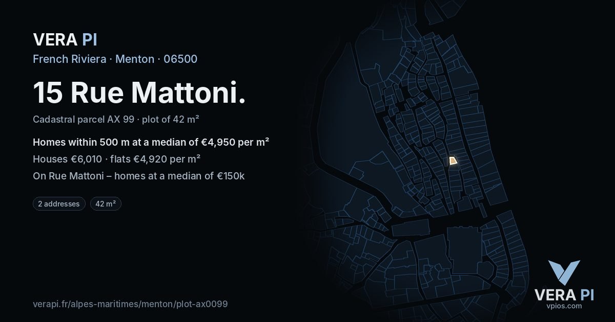 15 Rue Mattoni, Menton at night – the plot lit, the parcels around coloured by the prices near them