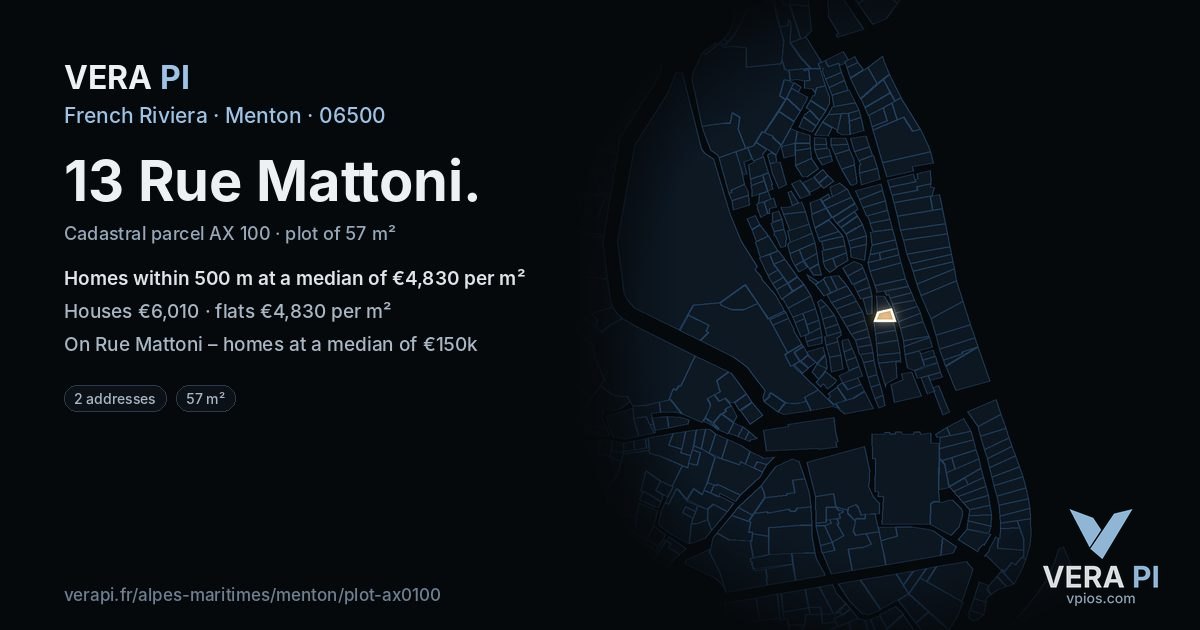 13 Rue Mattoni, Menton at night – the plot lit, the parcels around coloured by the prices near them