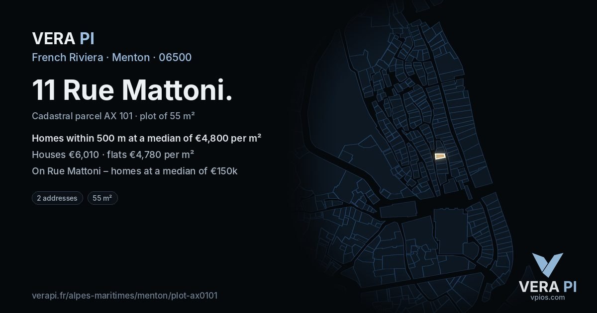 11 Rue Mattoni, Menton at night – the plot lit, the parcels around coloured by the prices near them