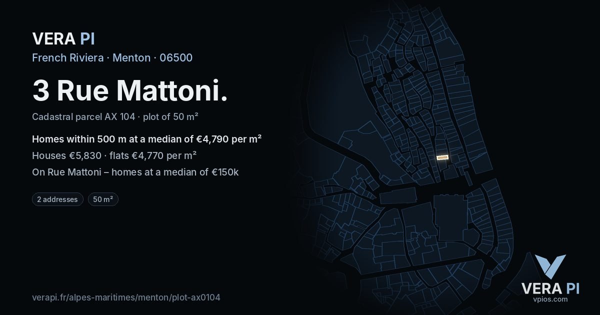 3 Rue Mattoni, Menton at night – the plot lit, the parcels around coloured by the prices near them