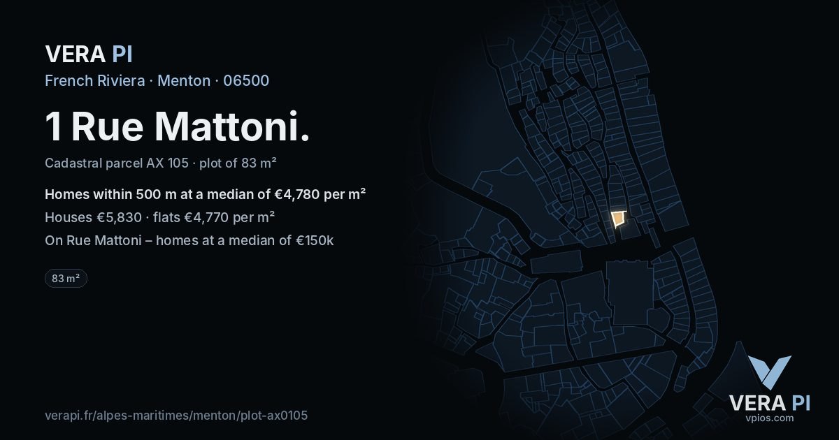 1 Rue Mattoni, Menton at night – the plot lit, the parcels around coloured by the prices near them