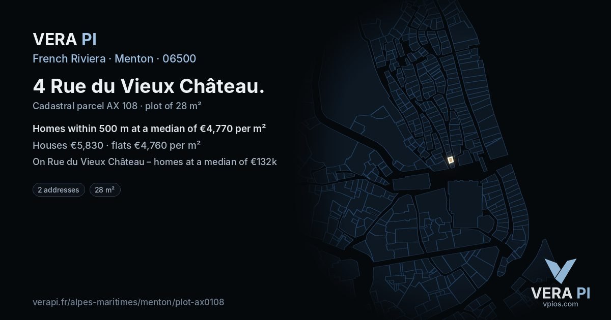 4 Rue du Vieux Château, Menton at night – the plot lit, the parcels around coloured by the prices near them