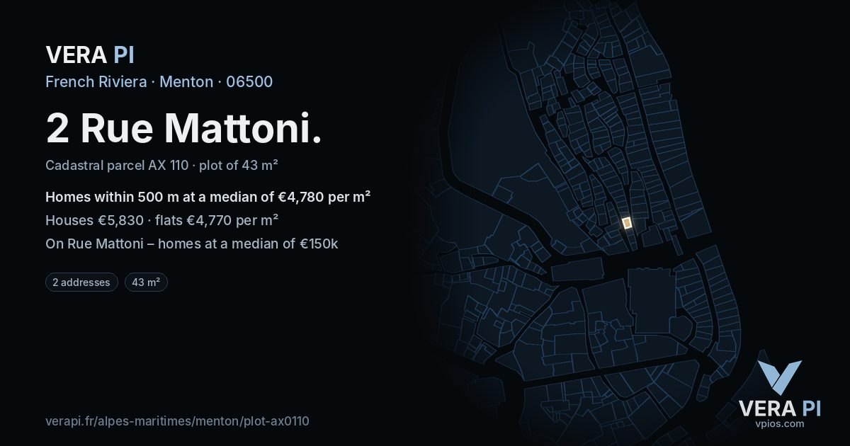 2 Rue Mattoni, Menton at night – the plot lit, the parcels around coloured by the prices near them