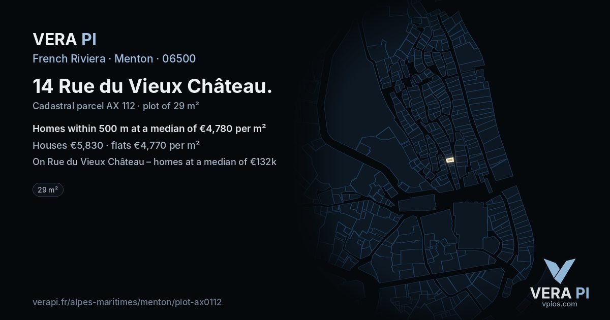 14 Rue du Vieux Château, Menton at night – the plot lit, the parcels around coloured by the prices near them