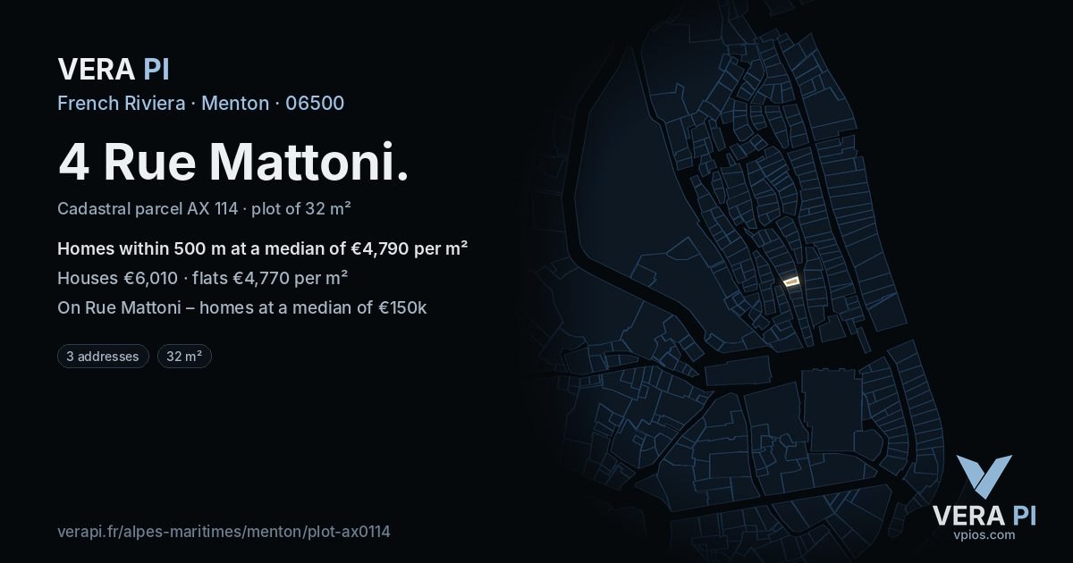 4 Rue Mattoni, Menton at night – the plot lit, the parcels around coloured by the prices near them