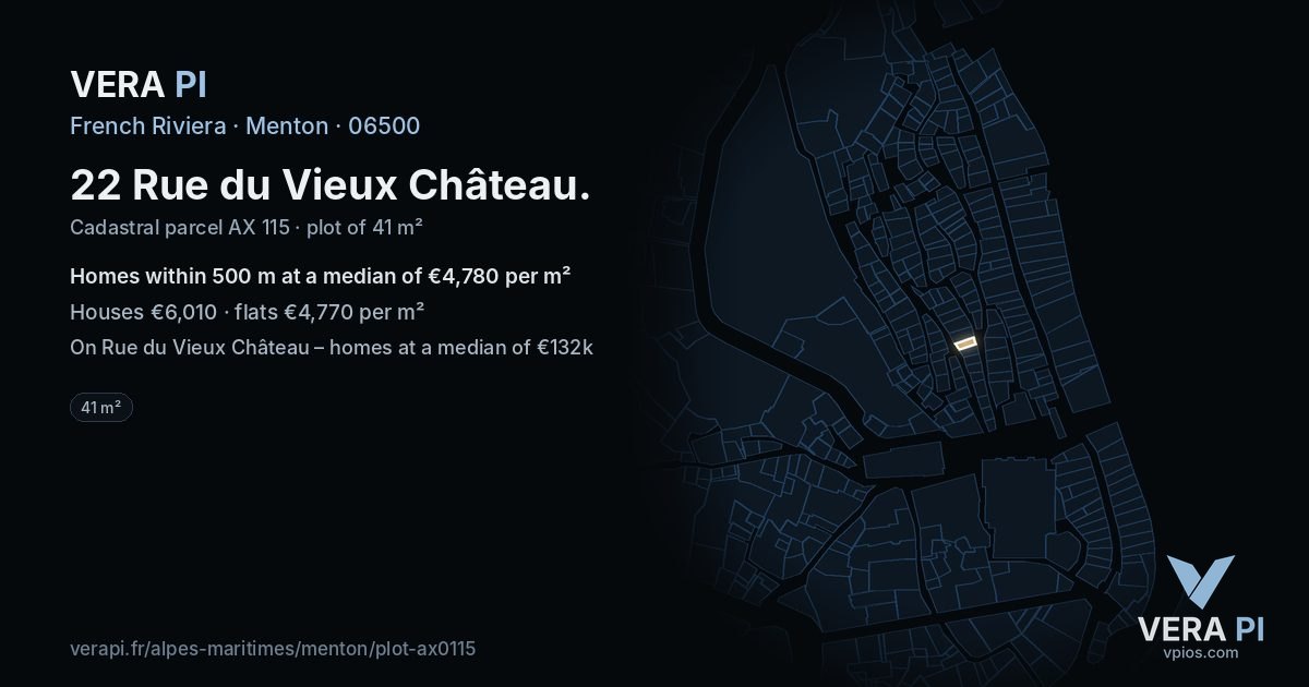 22 Rue du Vieux Château, Menton at night – the plot lit, the parcels around coloured by the prices near them
