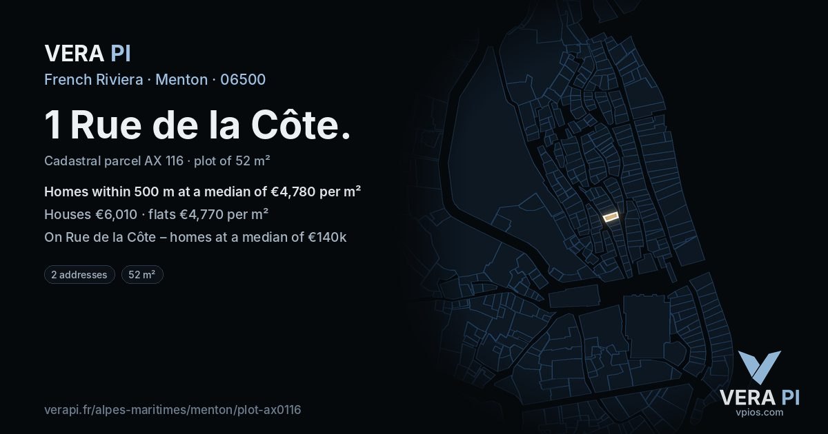 1 Rue de la Côte, Menton at night – the plot lit, the parcels around coloured by the prices near them