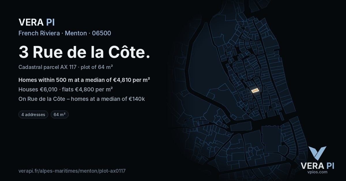 3 Rue de la Côte, Menton at night – the plot lit, the parcels around coloured by the prices near them