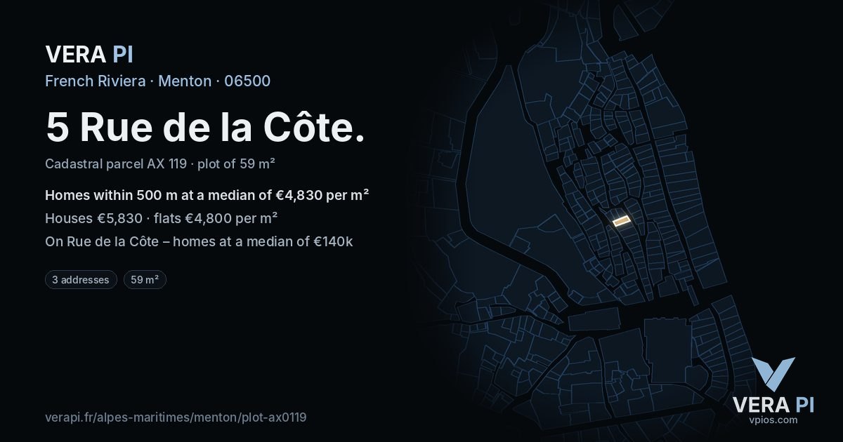5 Rue de la Côte, Menton at night – the plot lit, the parcels around coloured by the prices near them
