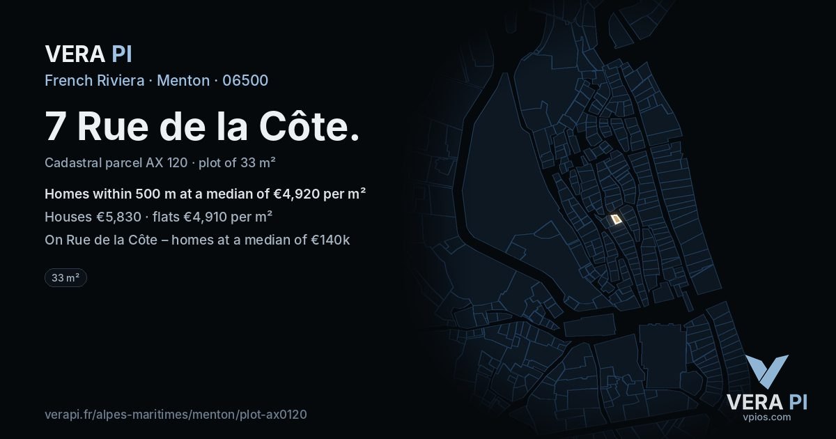 7 Rue de la Côte, Menton at night – the plot lit, the parcels around coloured by the prices near them