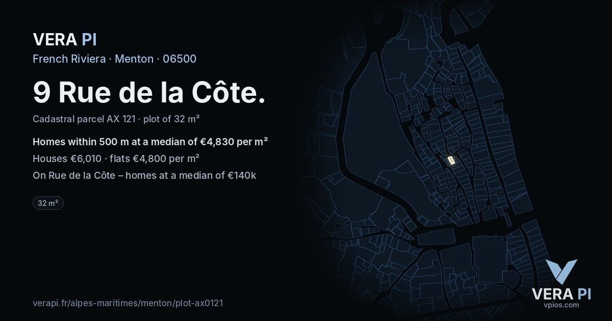 9 Rue de la Côte, Menton at night – the plot lit, the parcels around coloured by the prices near them