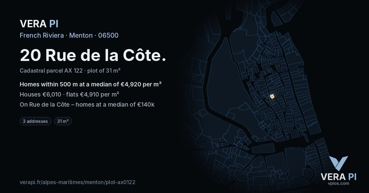 20 Rue de la Côte, Menton at night – the plot lit, the parcels around coloured by the prices near them
