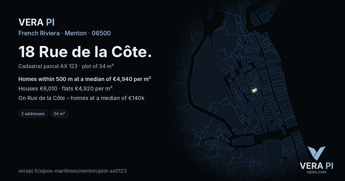 18 Rue de la Côte, Menton at night – the plot lit, the parcels around coloured by the prices near them
