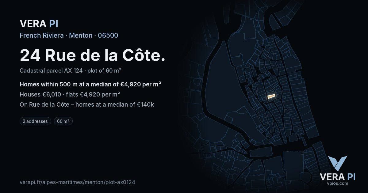 24 Rue de la Côte, Menton at night – the plot lit, the parcels around coloured by the prices near them