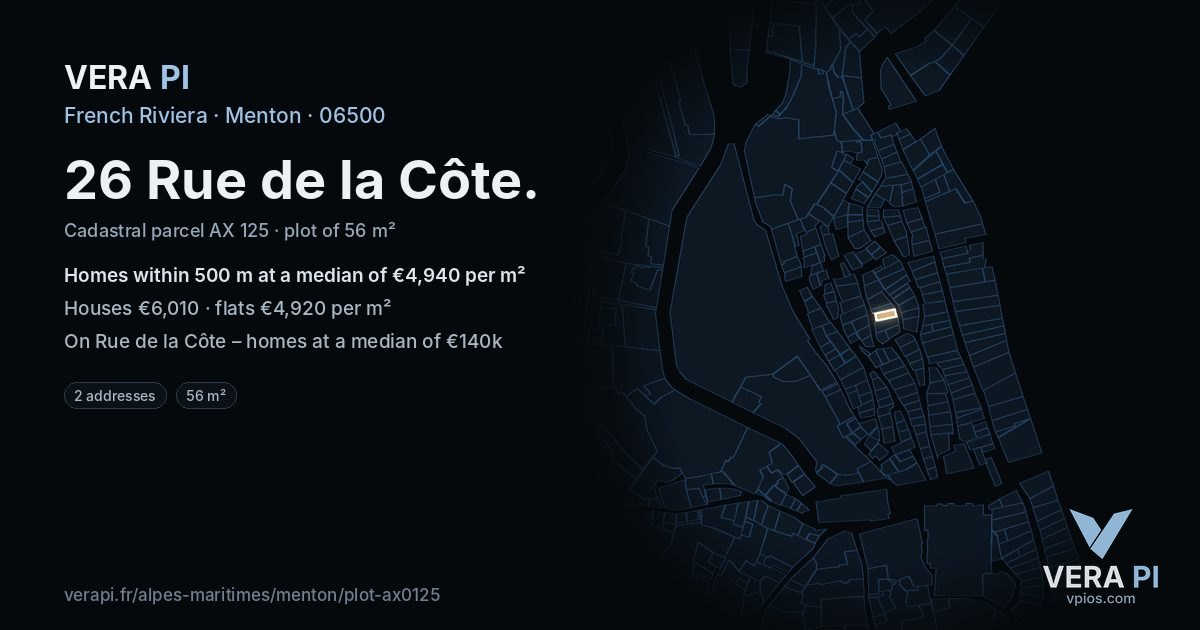 26 Rue de la Côte, Menton at night – the plot lit, the parcels around coloured by the prices near them