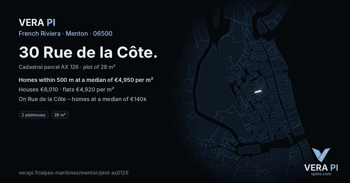 30 Rue de la Côte, Menton at night – the plot lit, the parcels around coloured by the prices near them