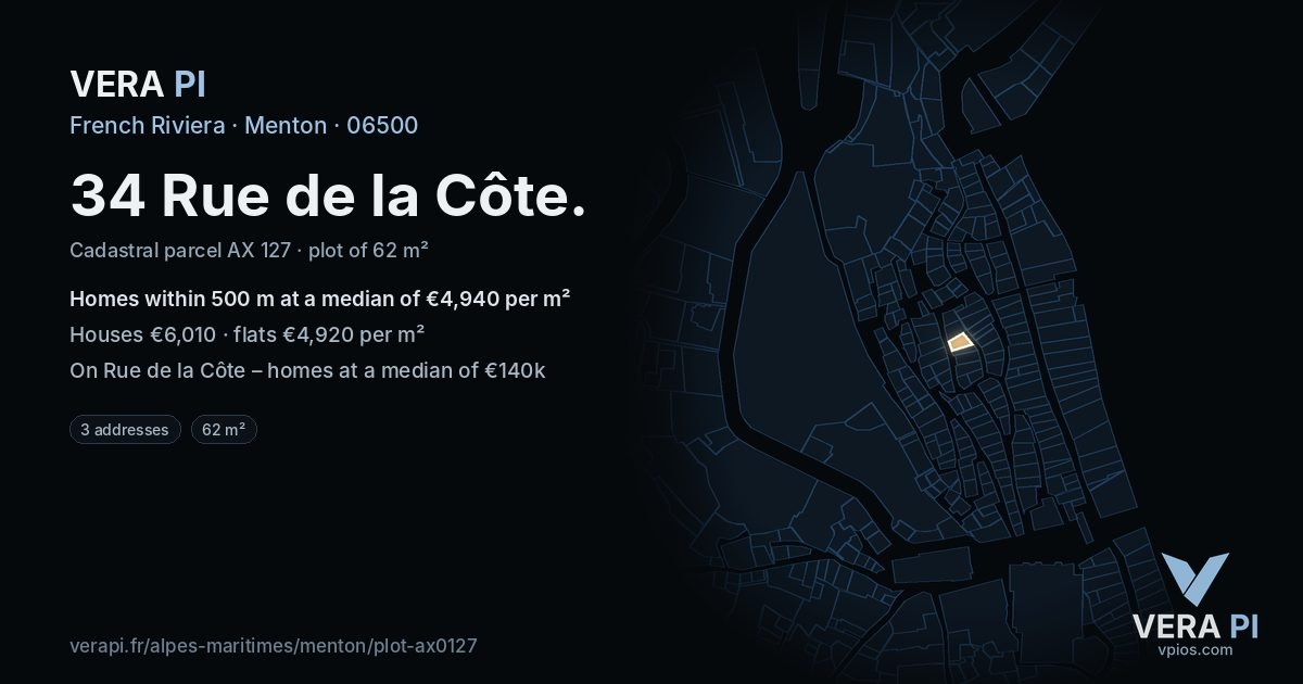 34 Rue de la Côte, Menton at night – the plot lit, the parcels around coloured by the prices near them