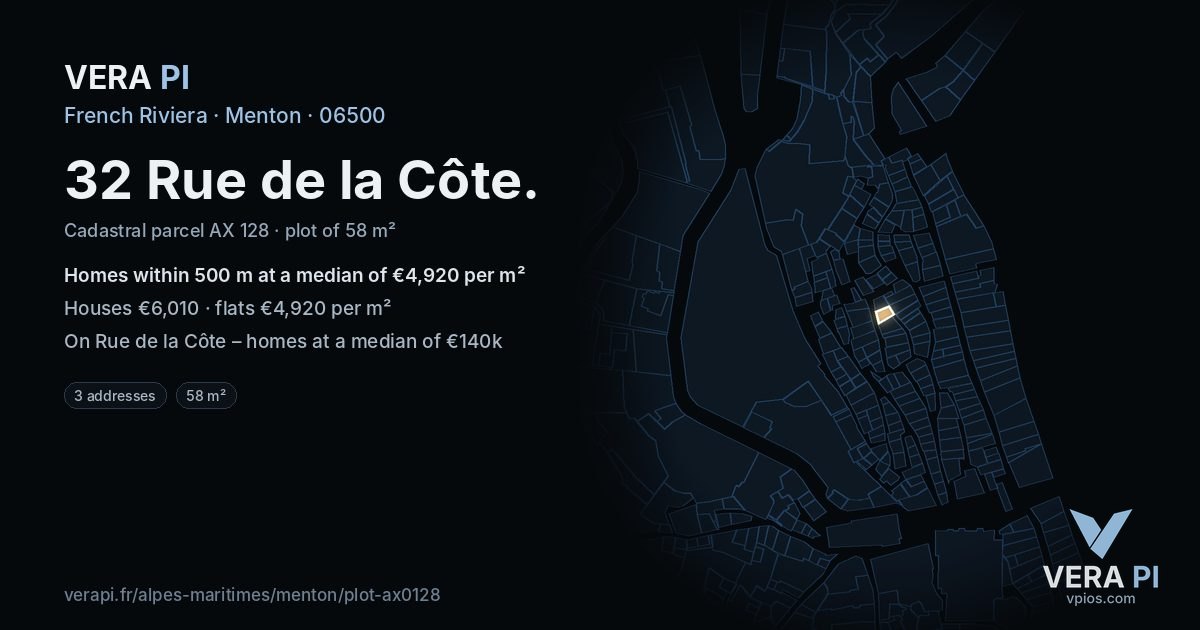 32 Rue de la Côte, Menton at night – the plot lit, the parcels around coloured by the prices near them
