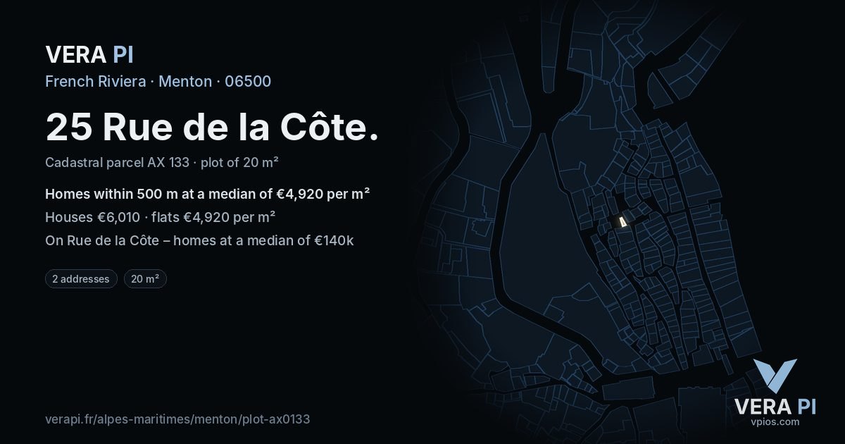 25 Rue de la Côte, Menton at night – the plot lit, the parcels around coloured by the prices near them