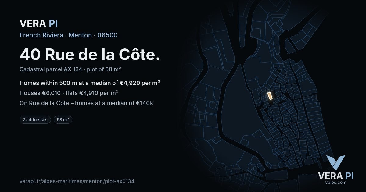 40 Rue de la Côte, Menton at night – the plot lit, the parcels around coloured by the prices near them