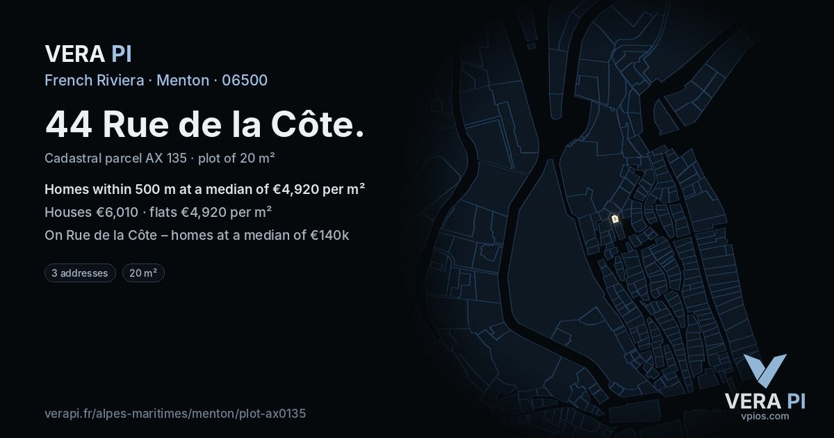 44 Rue de la Côte, Menton at night – the plot lit, the parcels around coloured by the prices near them
