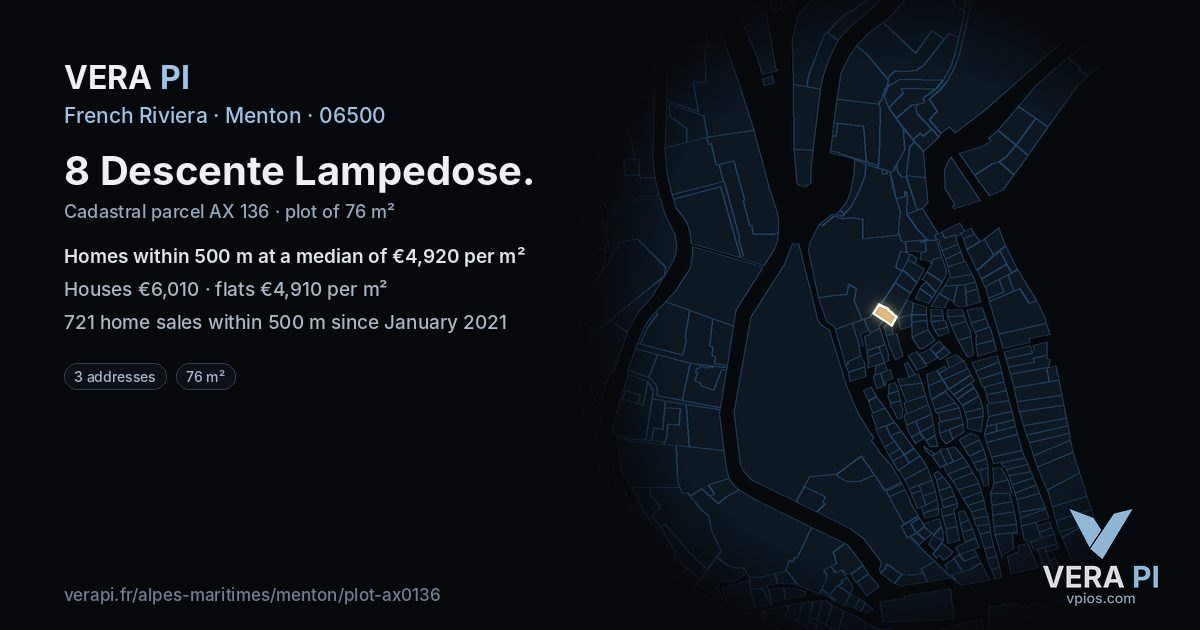 8 Descente Lampedose, Menton at night – the plot lit, the parcels around coloured by the prices near them