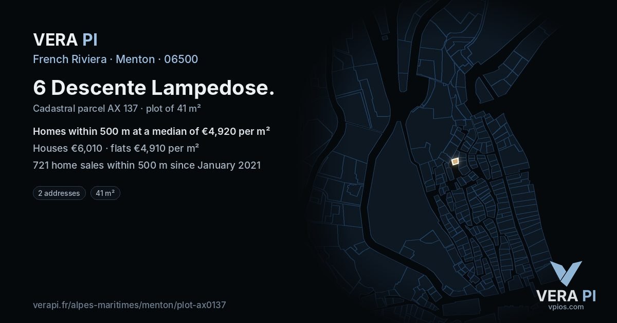 6 Descente Lampedose, Menton at night – the plot lit, the parcels around coloured by the prices near them
