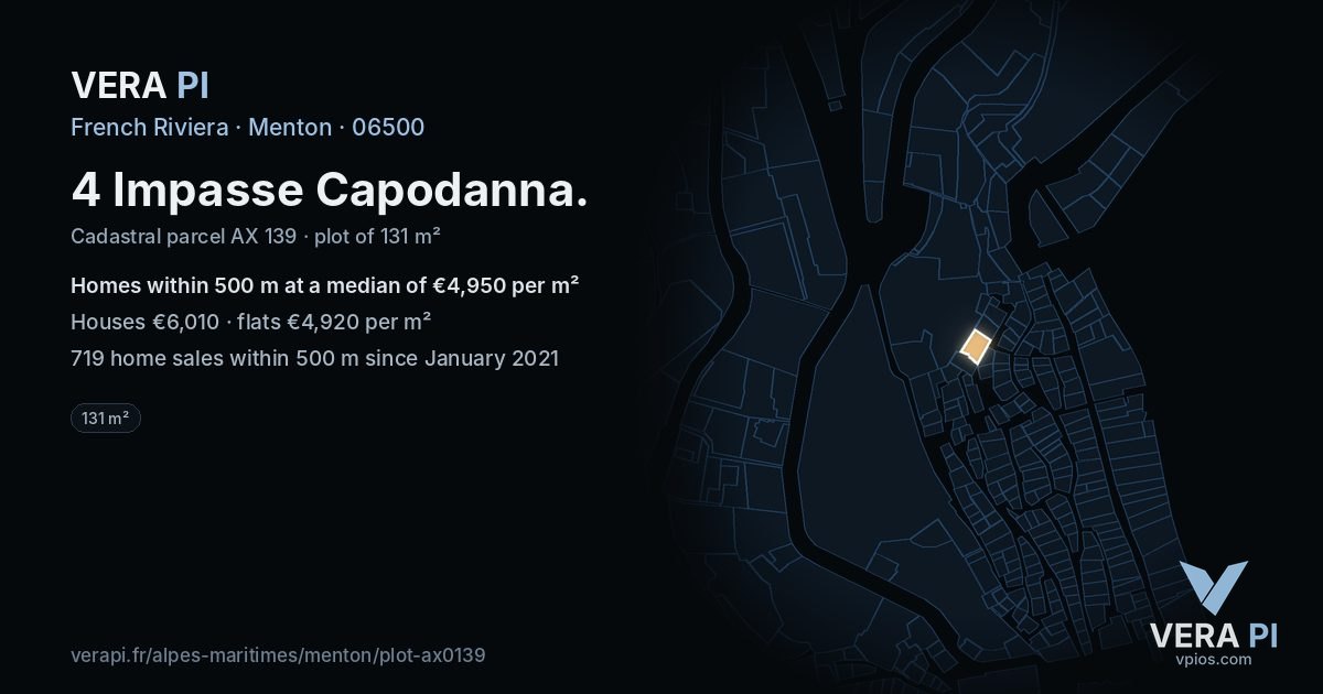 4 Impasse Capodanna, Menton at night – the plot lit, the parcels around coloured by the prices near them