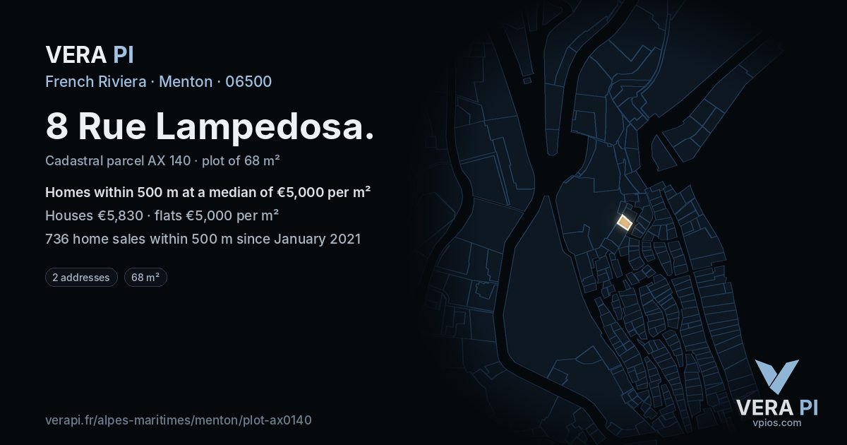 8 Rue Lampedosa, Menton at night – the plot lit, the parcels around coloured by the prices near them