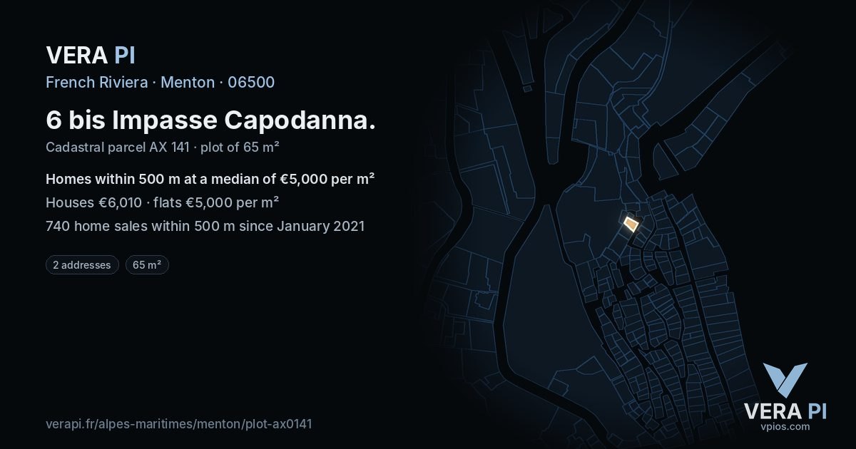 6 bis Impasse Capodanna, Menton at night – the plot lit, the parcels around coloured by the prices near them