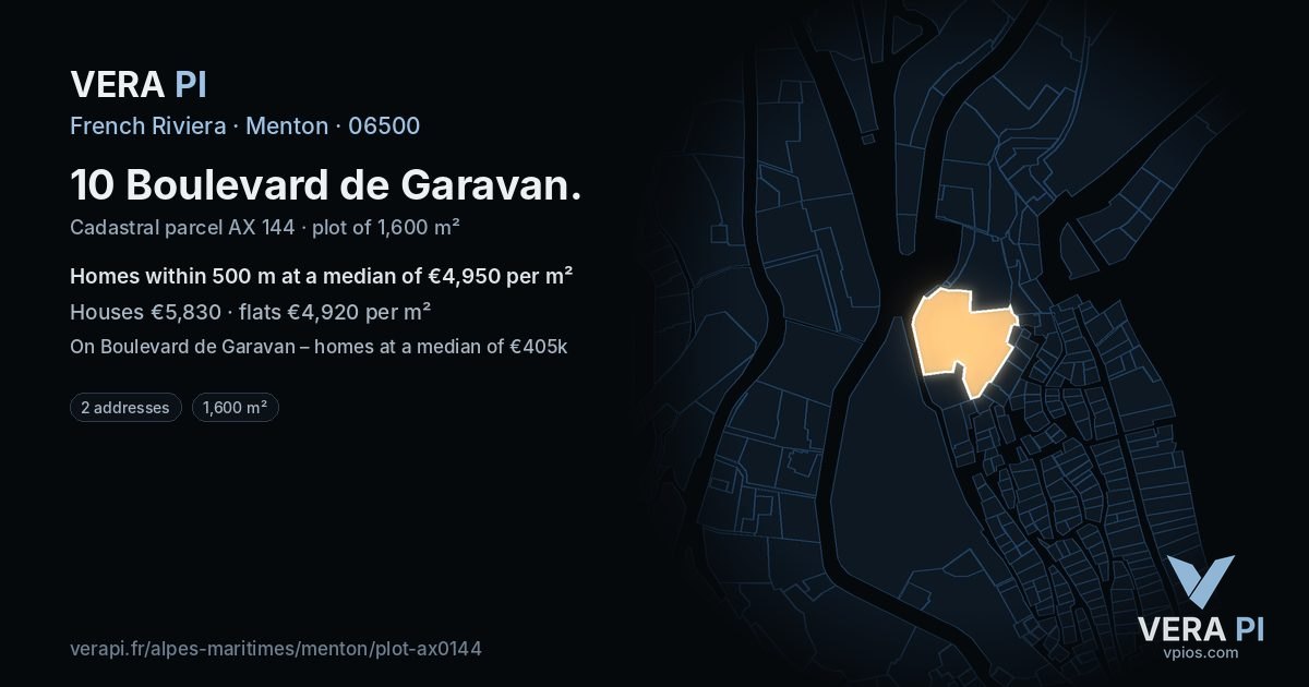 10 Boulevard de Garavan, Menton at night – the plot lit, the parcels around coloured by the prices near them