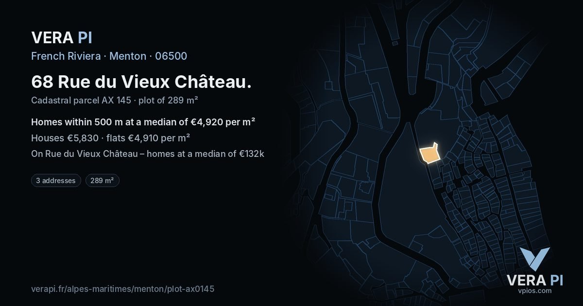 68 Rue du Vieux Château, Menton at night – the plot lit, the parcels around coloured by the prices near them