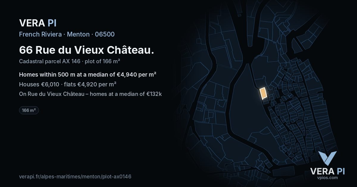66 Rue du Vieux Château, Menton at night – the plot lit, the parcels around coloured by the prices near them