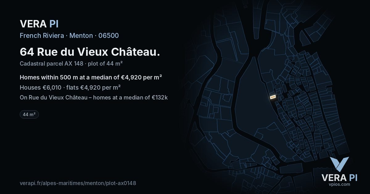 64 Rue du Vieux Château, Menton at night – the plot lit, the parcels around coloured by the prices near them