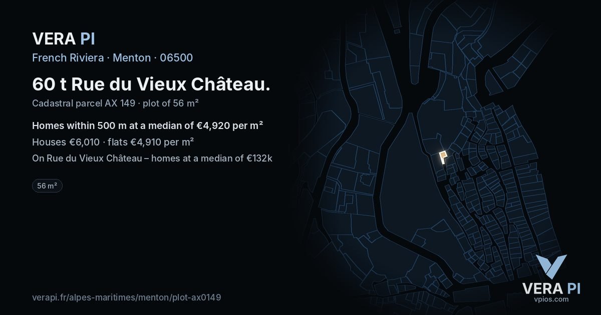 60 t Rue du Vieux Château, Menton at night – the plot lit, the parcels around coloured by the prices near them