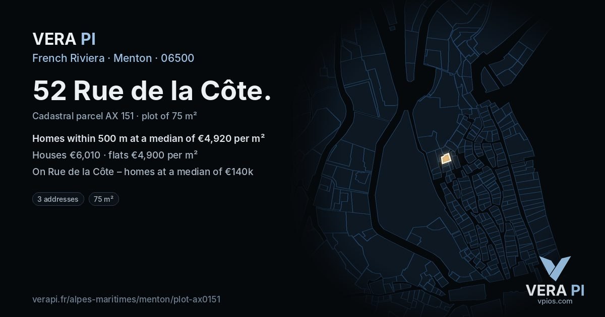 52 Rue de la Côte, Menton at night – the plot lit, the parcels around coloured by the prices near them