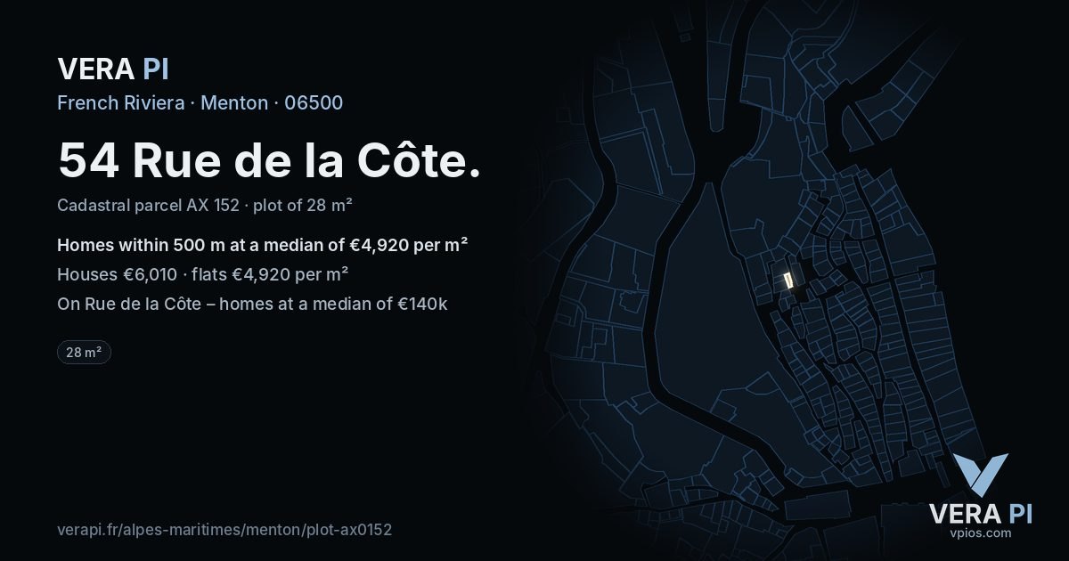 54 Rue de la Côte, Menton at night – the plot lit, the parcels around coloured by the prices near them
