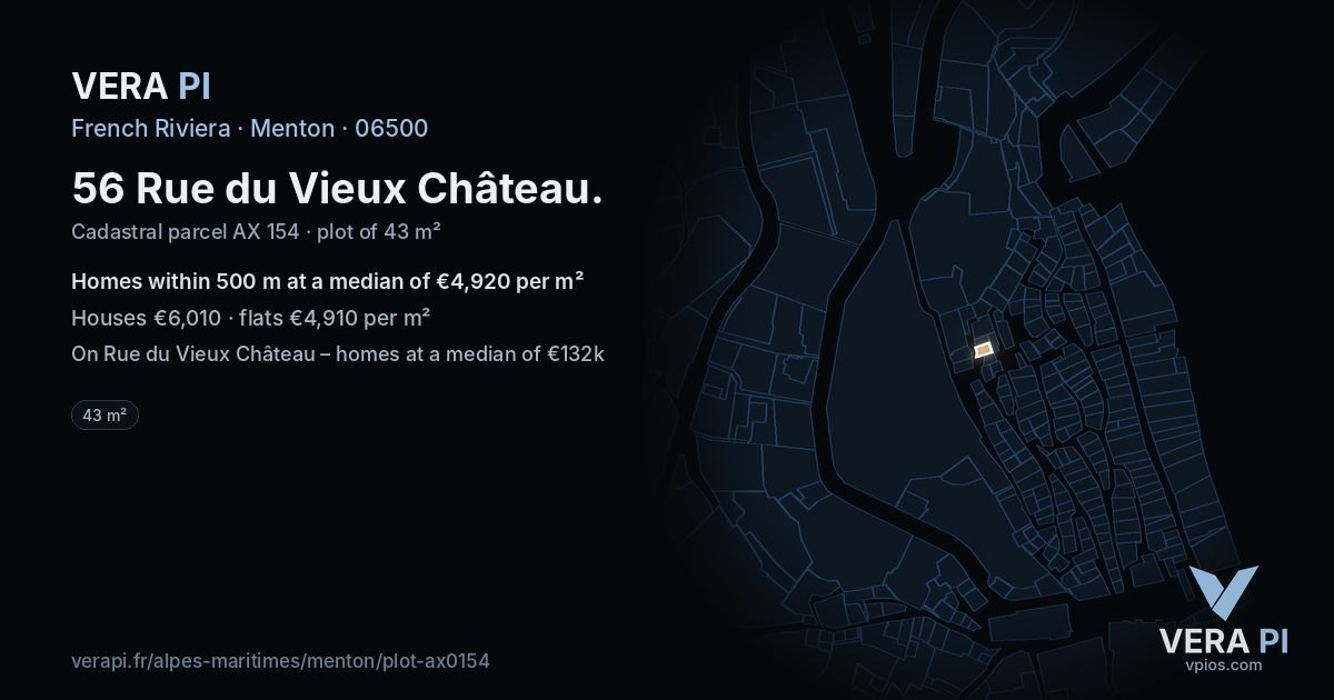 56 Rue du Vieux Château, Menton at night – the plot lit, the parcels around coloured by the prices near them