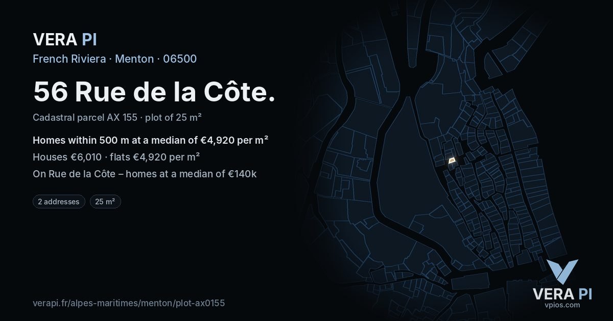 56 Rue de la Côte, Menton at night – the plot lit, the parcels around coloured by the prices near them