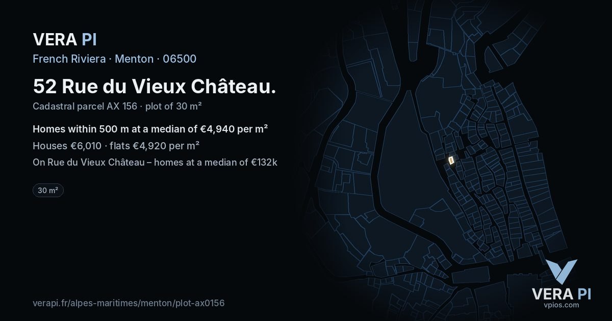 52 Rue du Vieux Château, Menton at night – the plot lit, the parcels around coloured by the prices near them