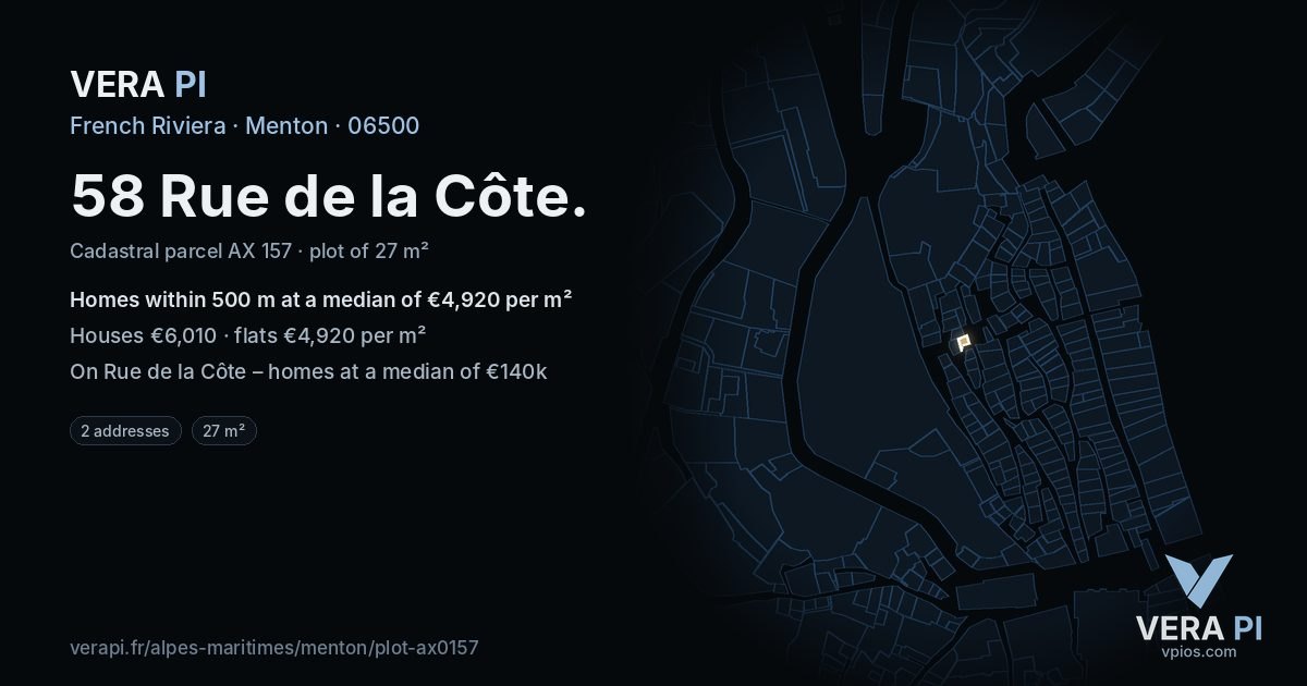 58 Rue de la Côte, Menton at night – the plot lit, the parcels around coloured by the prices near them