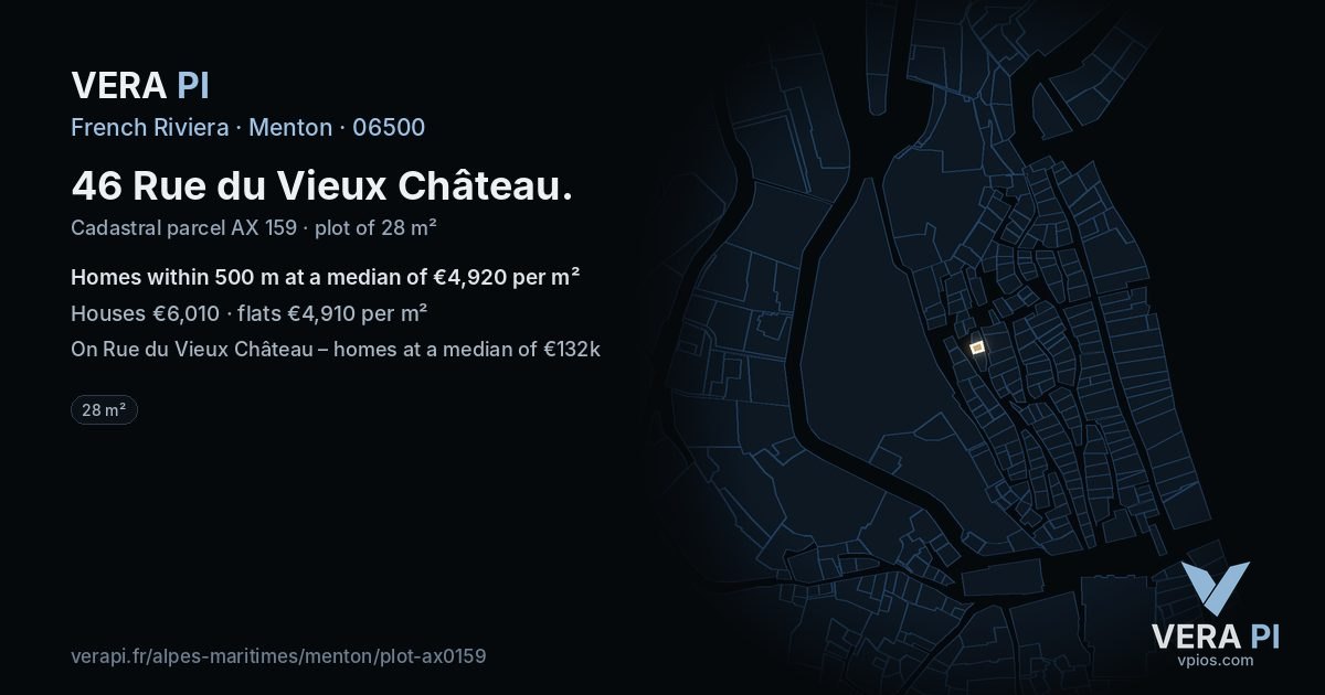 46 Rue du Vieux Château, Menton at night – the plot lit, the parcels around coloured by the prices near them