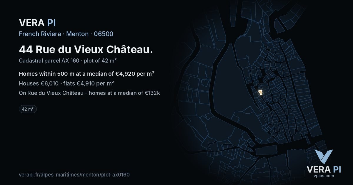 44 Rue du Vieux Château, Menton at night – the plot lit, the parcels around coloured by the prices near them