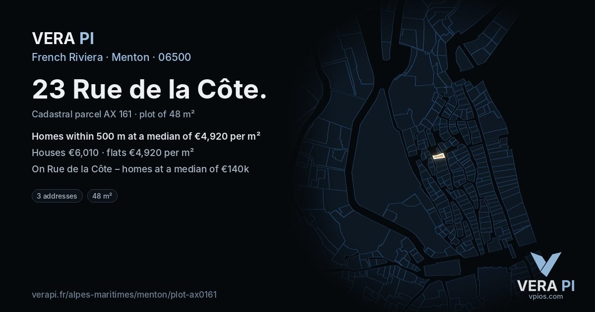 23 Rue de la Côte, Menton at night – the plot lit, the parcels around coloured by the prices near them