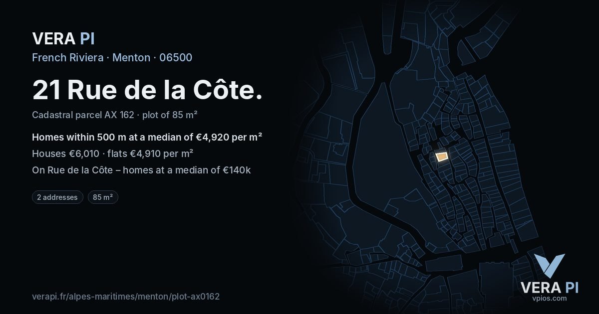 21 Rue de la Côte, Menton at night – the plot lit, the parcels around coloured by the prices near them