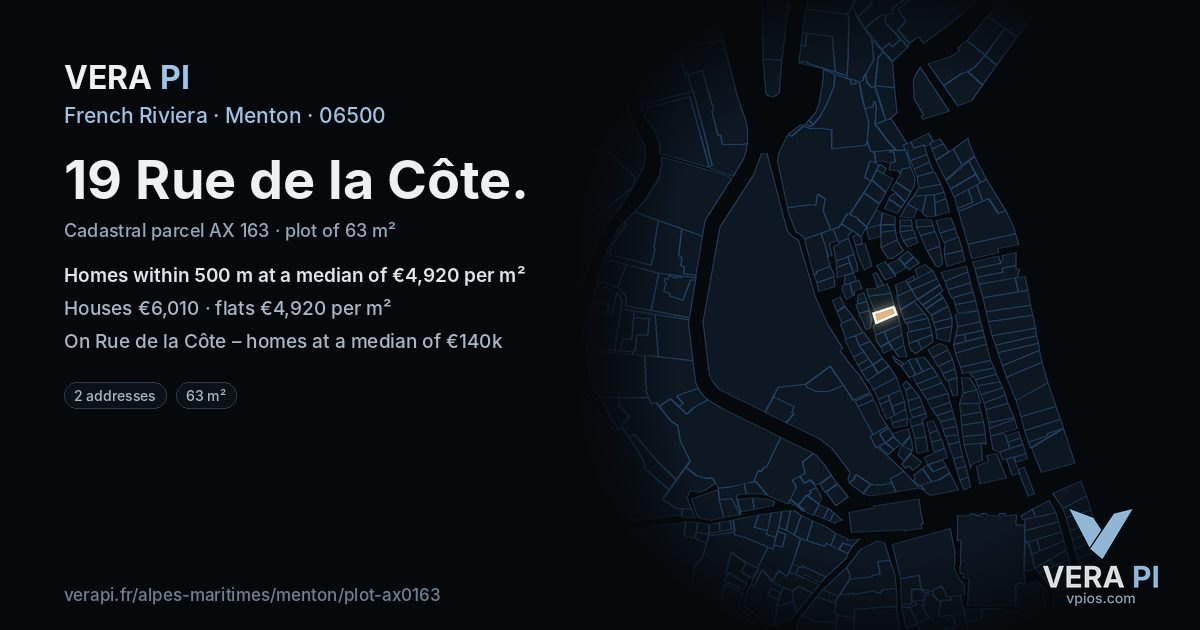 19 Rue de la Côte, Menton at night – the plot lit, the parcels around coloured by the prices near them